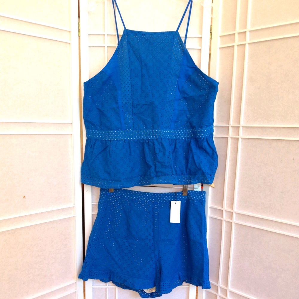 SUGAR+LIPS royal  blue eyelet cotton fabric top and shorts